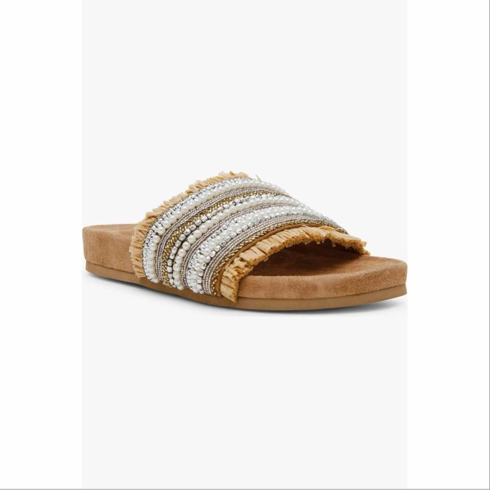 Steve Madden Tan and Silver Seascape Fringed Slide Sandals